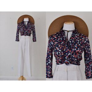 Vintage 80s Navy Floral Polyester‎ Pullover Blouse size S